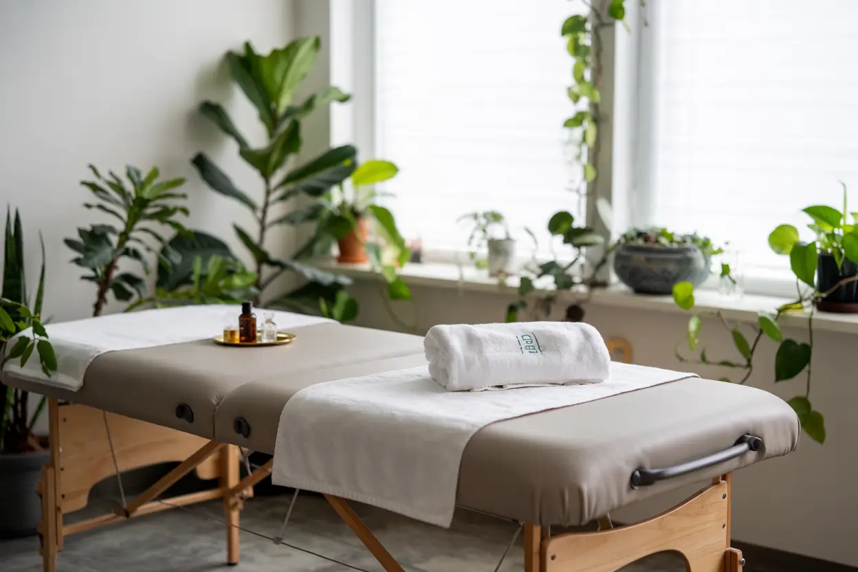 Swedish Relaxation Massage Victoria 1 Modern massage clinic with plants and Sync Therapy logo