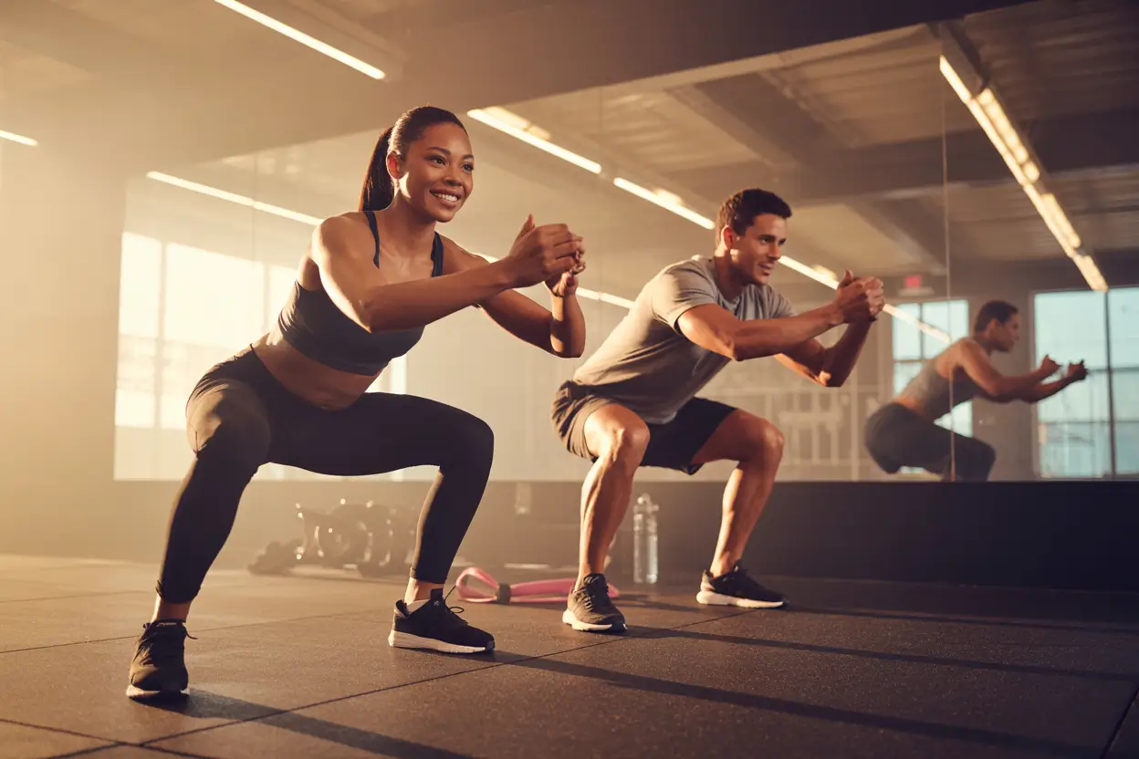A personal trainer guiding a client through weightlifting exercises in a modern gym