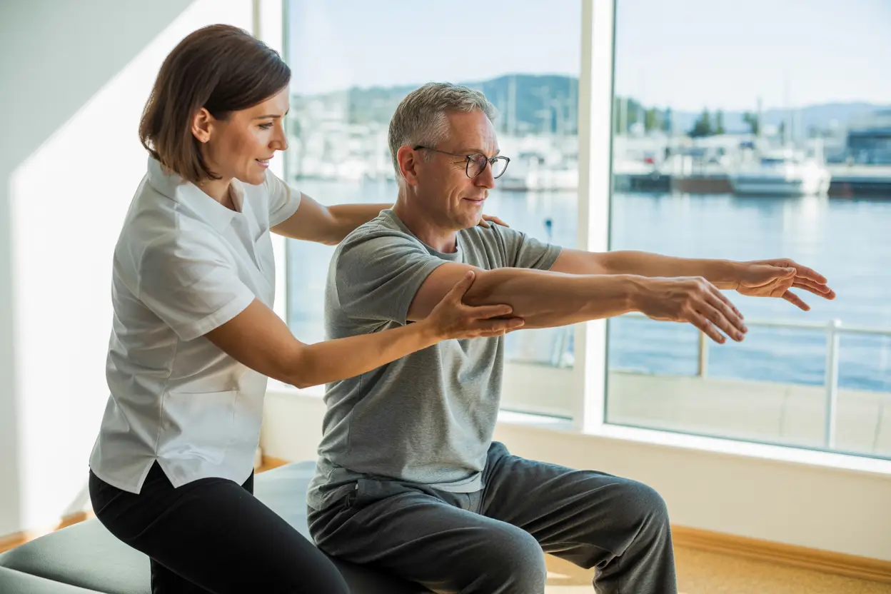 Best Physiotherapist Victoria BC 4 A physiotherapist assisting a patient in a bright modern clinic in Victoria BC