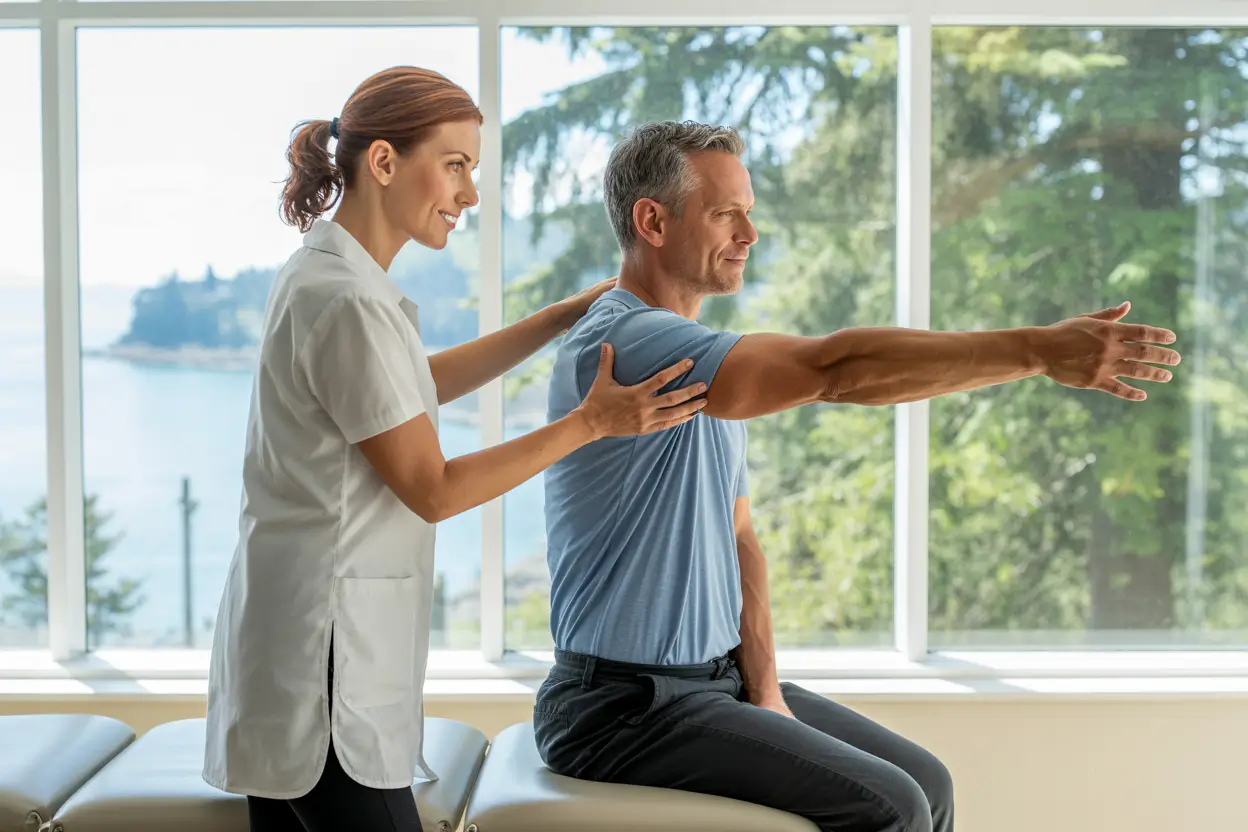 Best Physiotherapist Victoria BC 1 A physiotherapist demonstrating a shoulder stretch to a patient in a bright modern clinic in Victoria BC