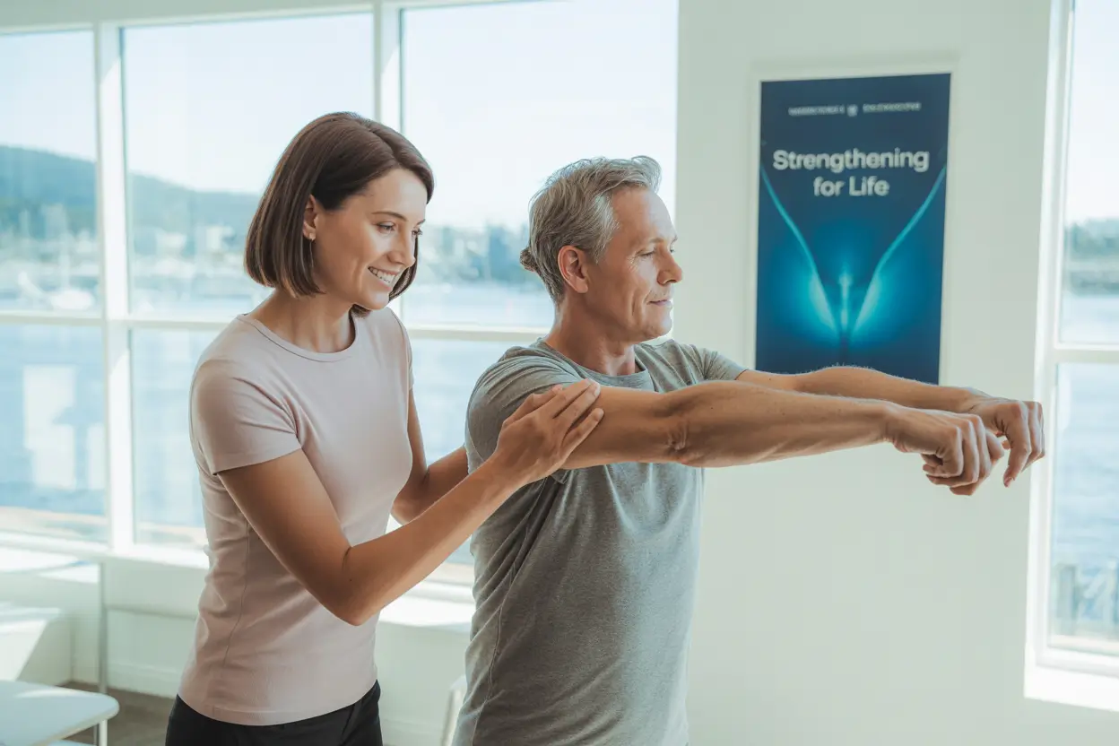 Best Physiotherapist Victoria BC 5 A physiotherapist assisting a patient with gentle stretching exercises in a bright modern clinic in Victoria BC